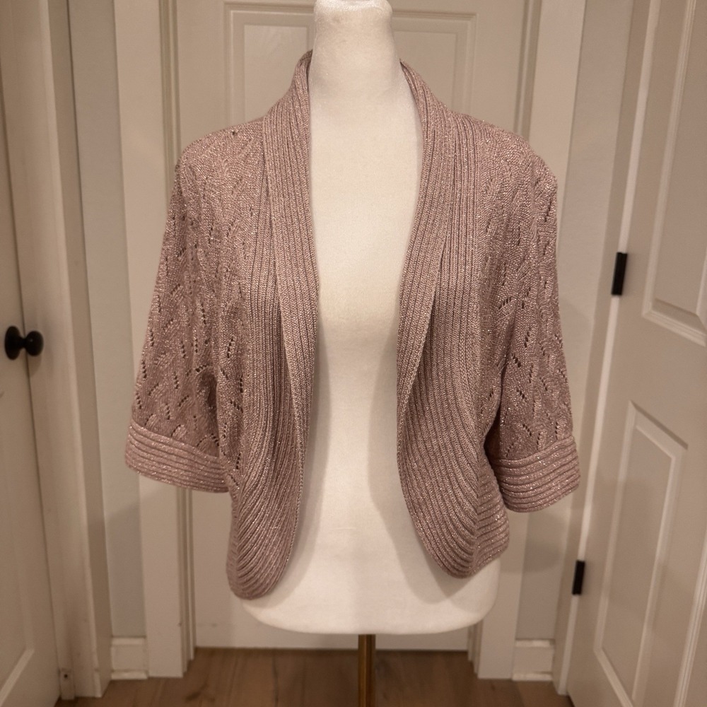 Vtg Nygard Sz L Open Front‎ Pink Metallic Thread Knit Cardigan Shrug Sweater Y2k